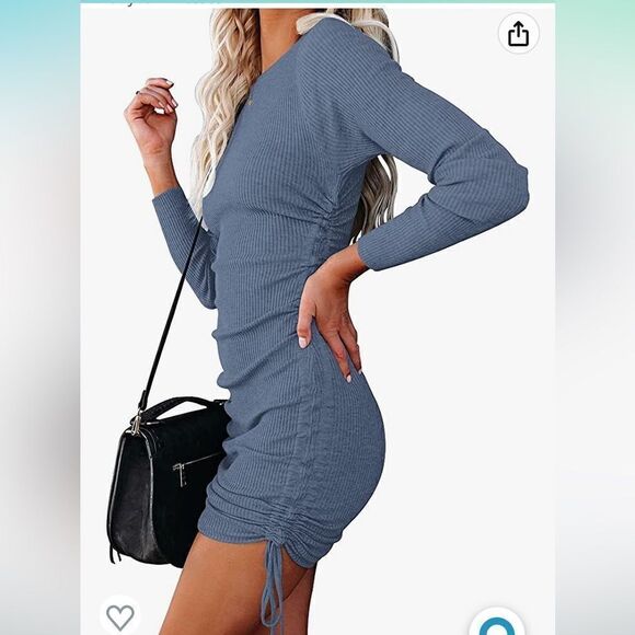 NENONA Ruched Midi Dress Long Sleeve Side Drawstring Ribbed Knit Bodycon Dress - Picture 10 of 11